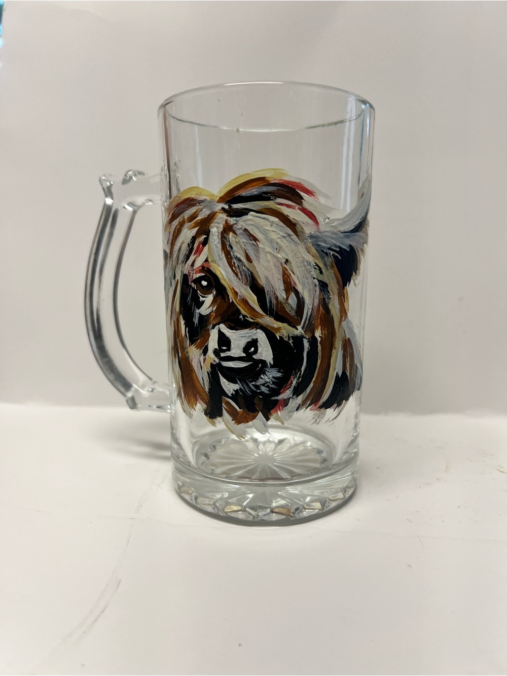 Hand-Painted Highland Cow Glass Mug - Brown, Black, White
